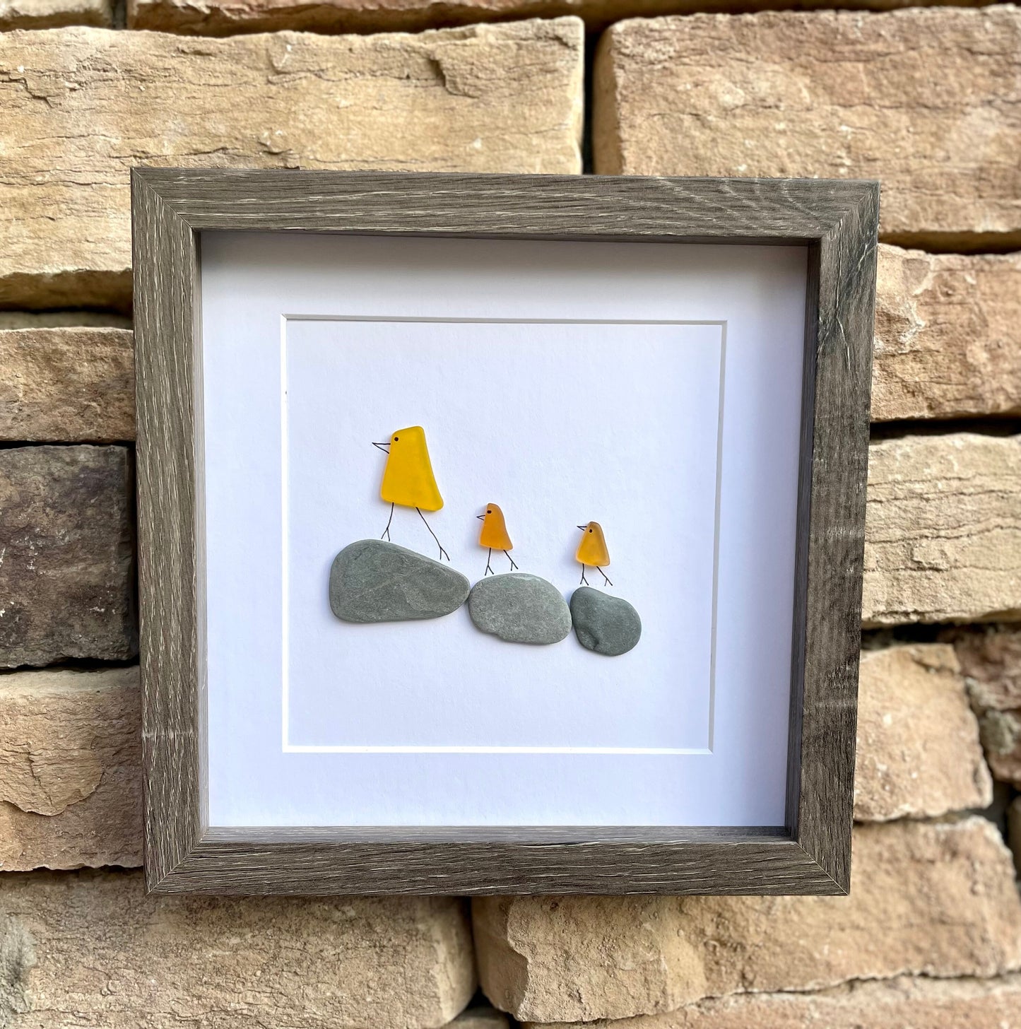 3 Little Ducks Sea Glass Art, Mama duck and her ducklings, Framed Original Handmade Artwork, Minimalist Beach Decor