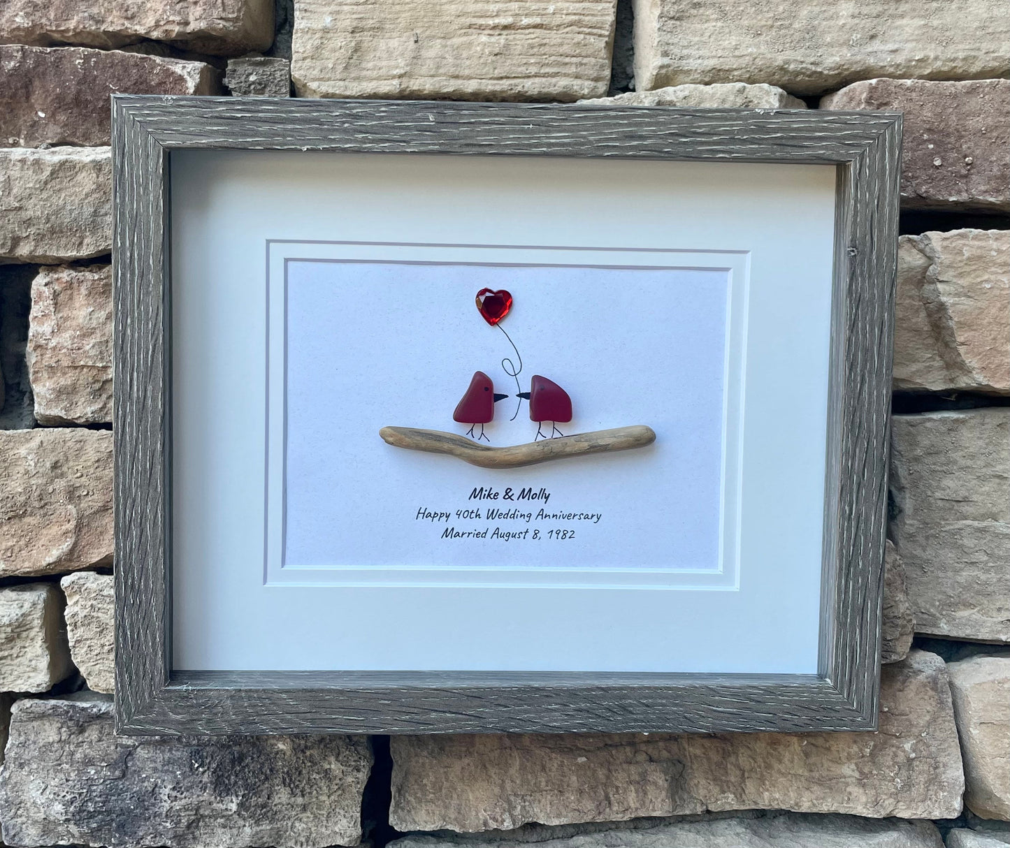 40th “Ruby” Wedding Anniversary Personalized Sea Glass Art, 8x10" Framed Handmade Artwork, Anniversary Gift, Wife, Husband, Parents, Friend