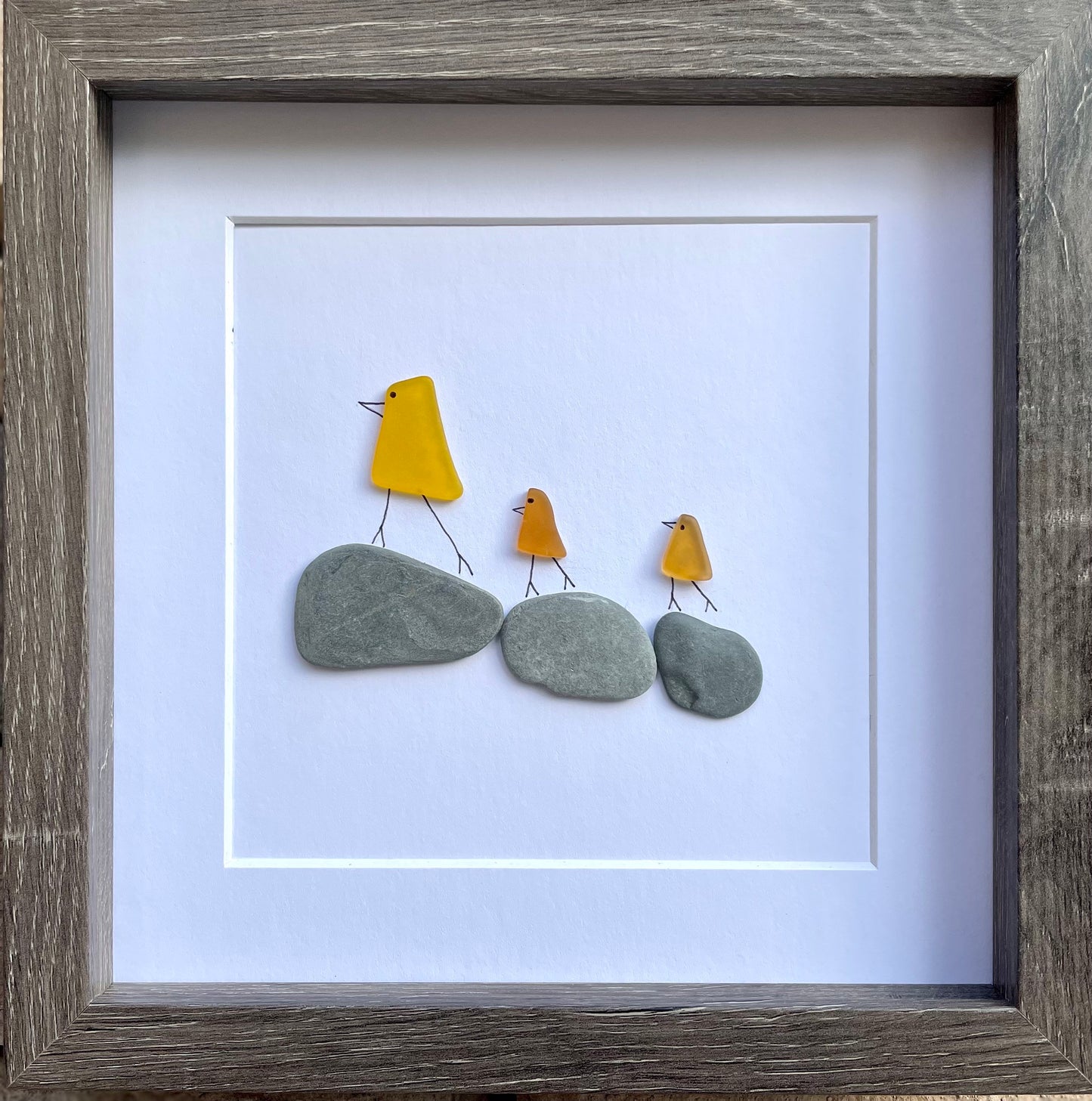 3 Little Ducks Sea Glass Art, Mama duck and her ducklings, Framed Original Handmade Artwork, Minimalist Beach Decor