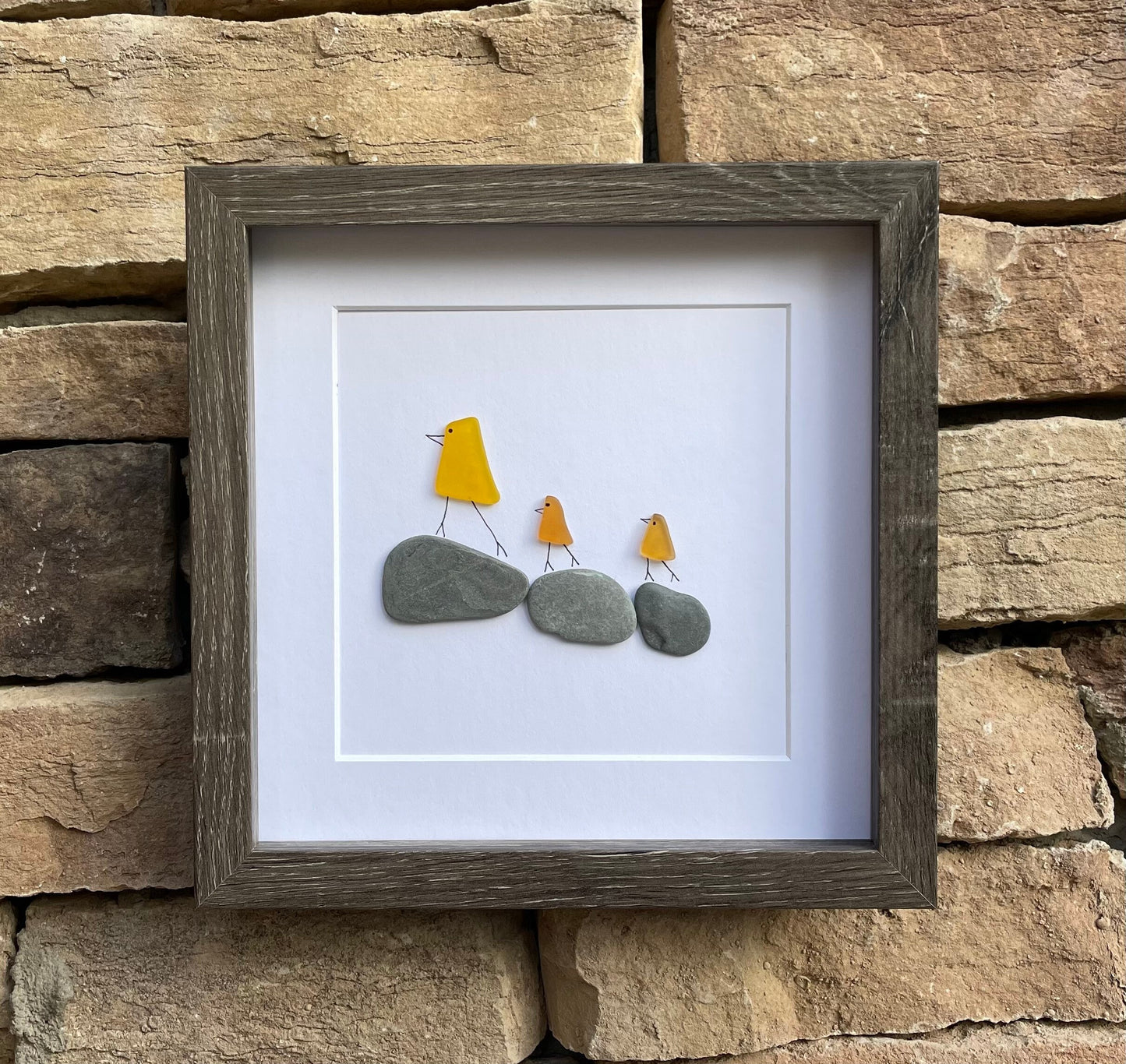 3 Little Ducks Sea Glass Art, Mama duck and her ducklings, Framed Original Handmade Artwork, Minimalist Beach Decor