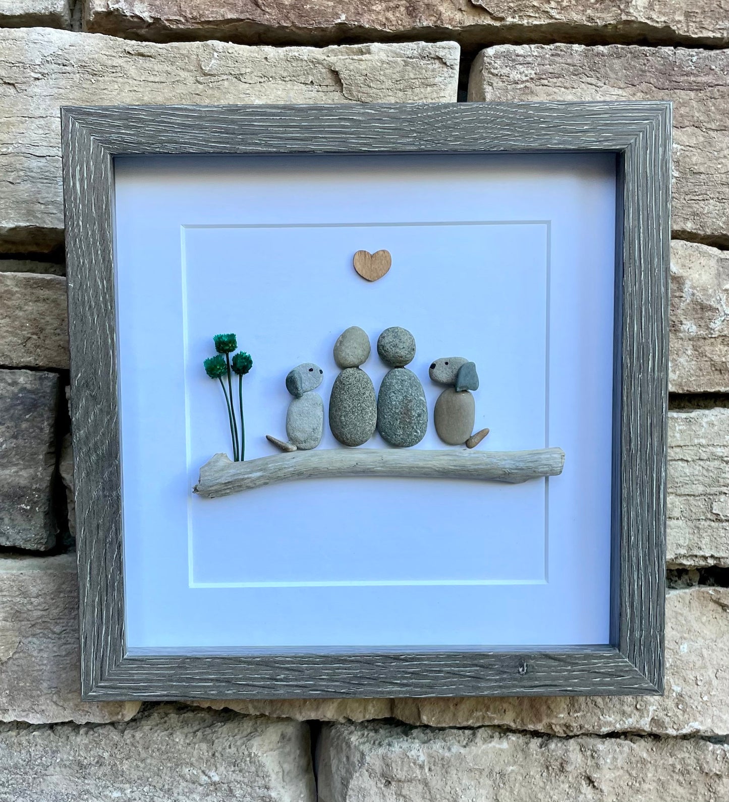 Couple with Two Dogs, 8x8 Framed Pebble Art, Personalized Pet Artwork, Perfect Gift for Dog Owners