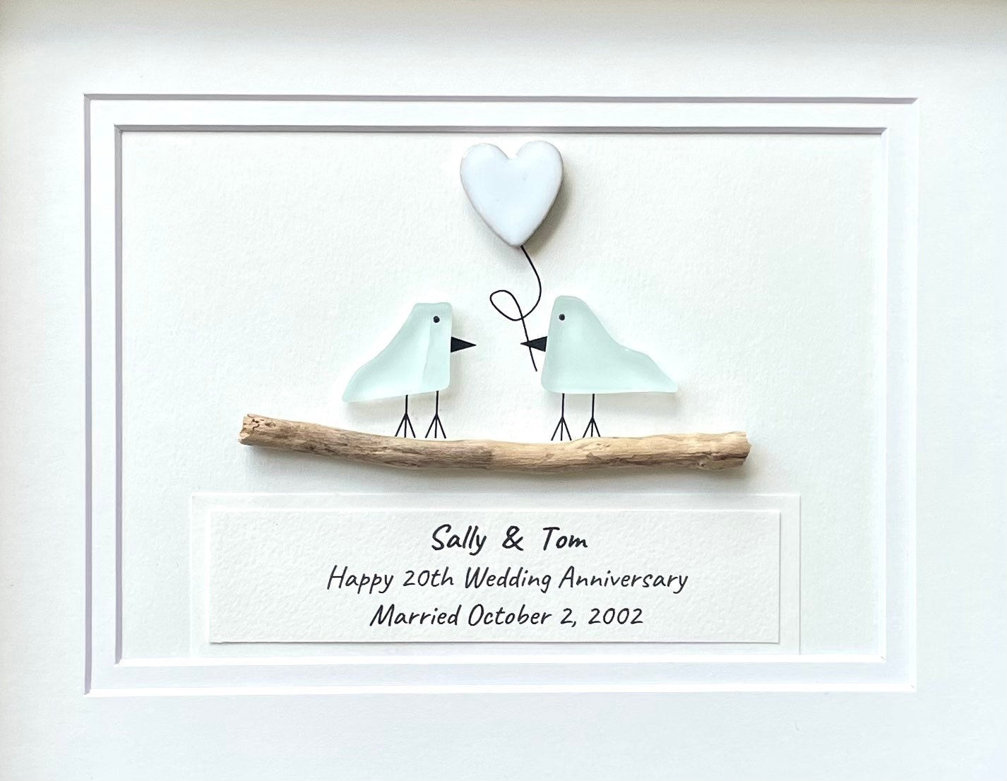 20th Wedding Anniversary Personalized Gift, China Anniversary Art, Anniversary Gift for Wife, Husband, Parents, Friends, Sea Glass Art