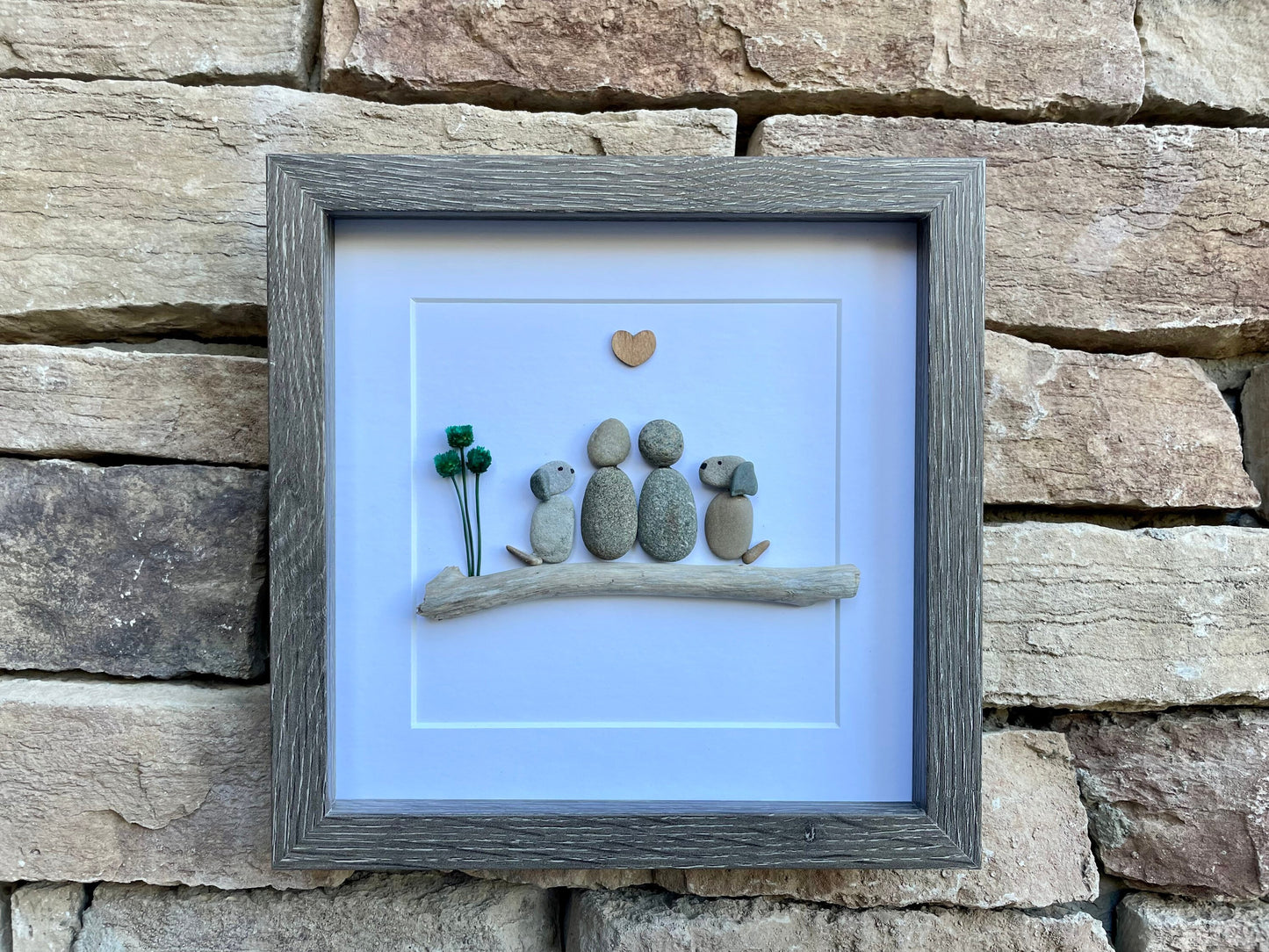 Couple with Two Dogs, 8x8 Framed Pebble Art, Personalized Pet Artwork, Perfect Gift for Dog Owners