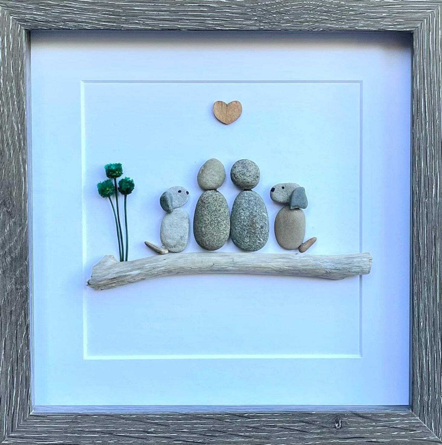 Pebble art family of buying 2 with dog, Pebble art new home, Pebble art picture, Pebble art dog, Pebble art couple with pets, Grandparents gift,