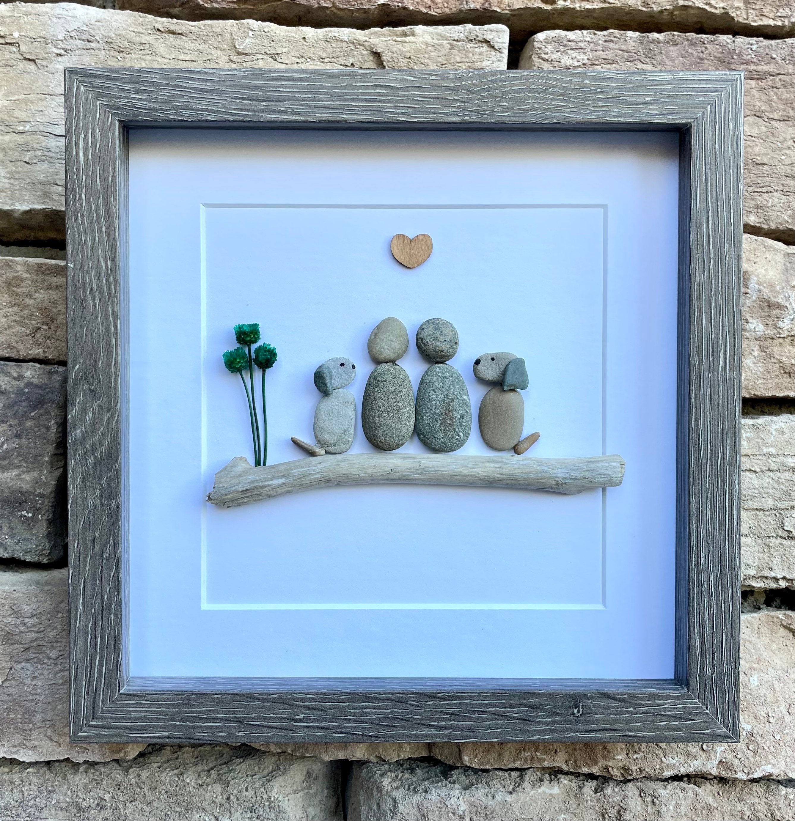 Couple with Two Dogs 8x8 Framed Pebble Art Personalized Pet Artwork Joyful Pebble Art