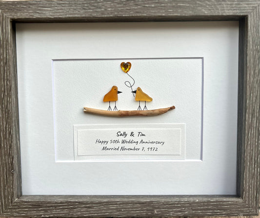 50th Anniversary Personalized Sea Glass Art, 8x10 Framed Golden Wedding Anniversary Gift for Parents, Friends, Spouse, Couple