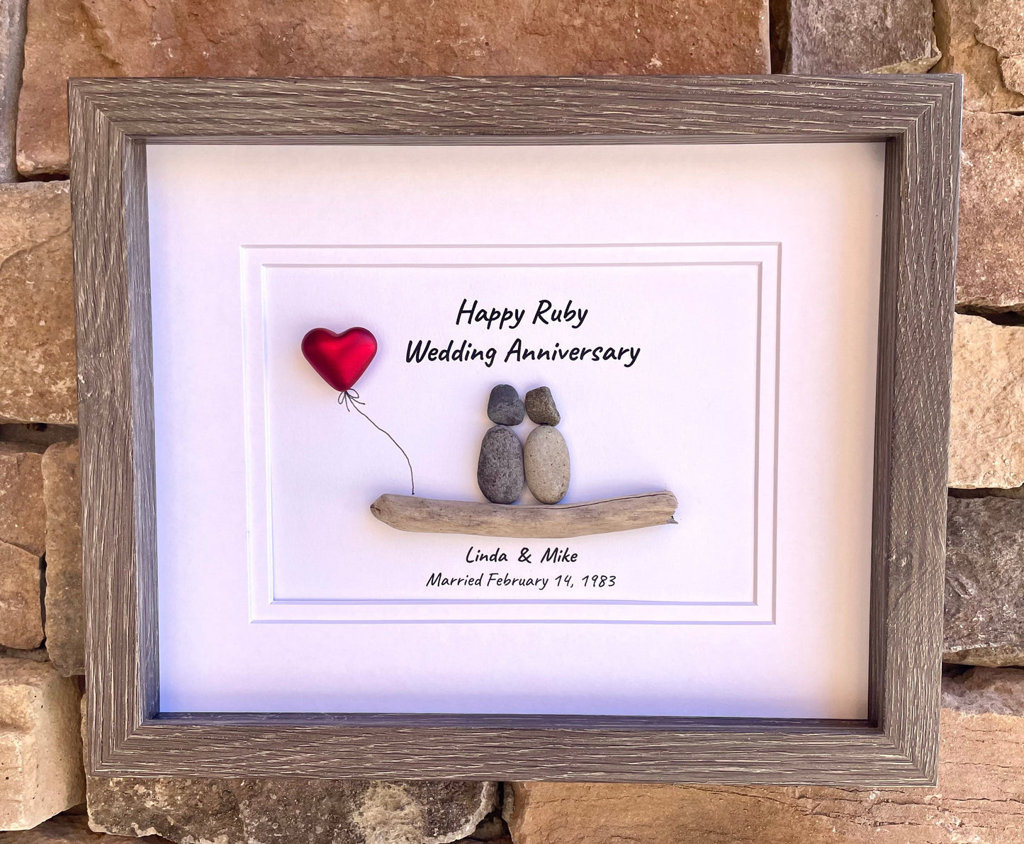 40th Wedding Anniversary Personalized Pebble Art, 8x10 Framed Handmade Ruby Anniversary Gift for Parents, Friends, Spouse