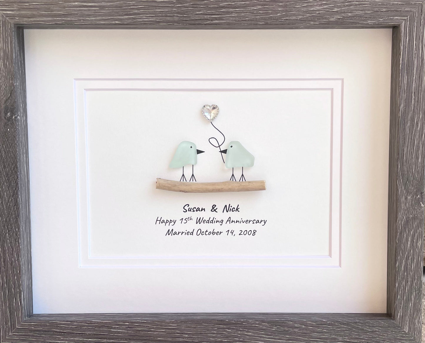 15th Wedding Anniversary Personalized Gift, Fifteenth Crystal Anniversary Sea Glass Art, Framed Gift for Wife, Husband, Parents, Friends