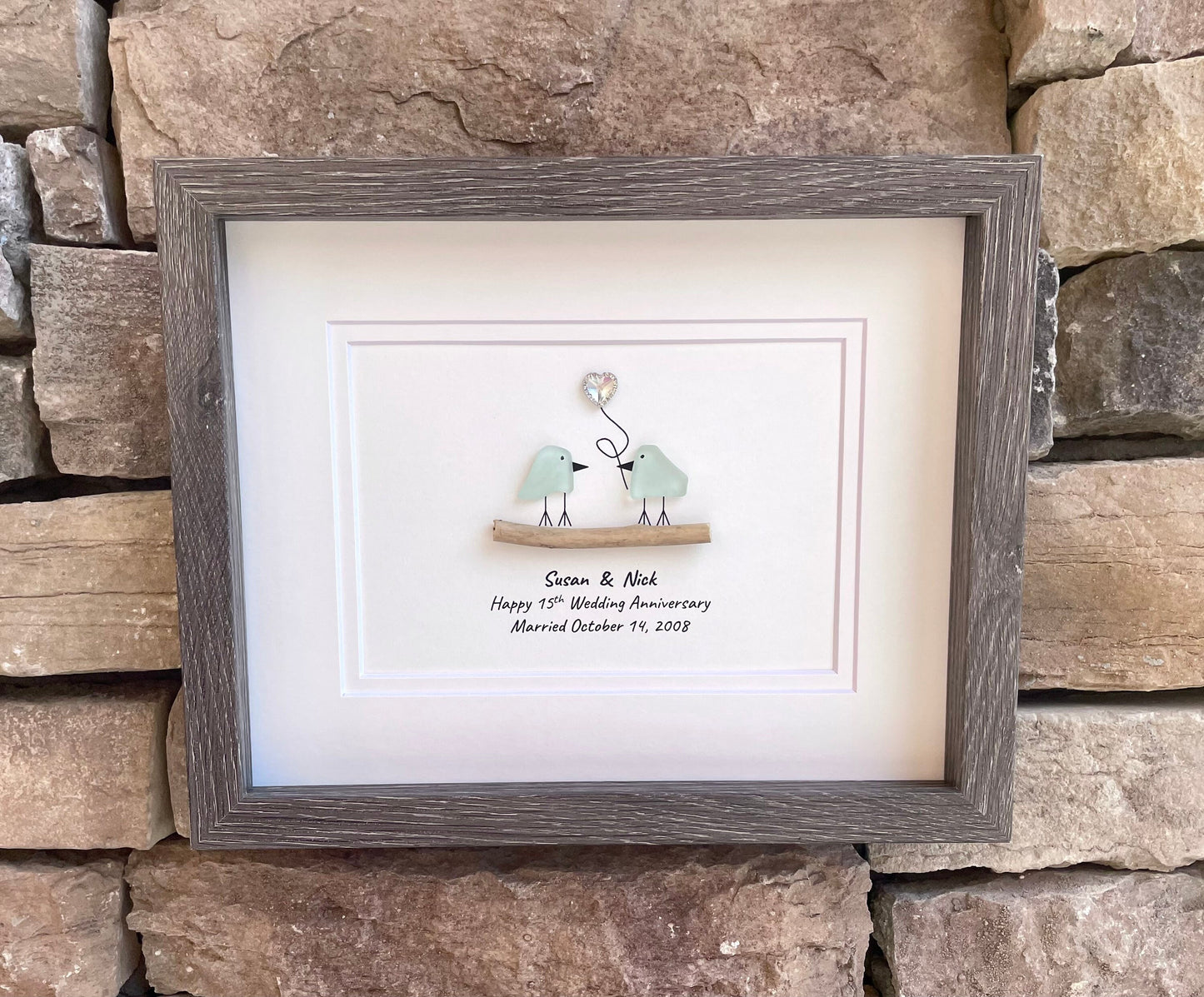 15th Wedding Anniversary Personalized Gift, Fifteenth Crystal Anniversary Sea Glass Art, Framed Gift for Wife, Husband, Parents, Friends