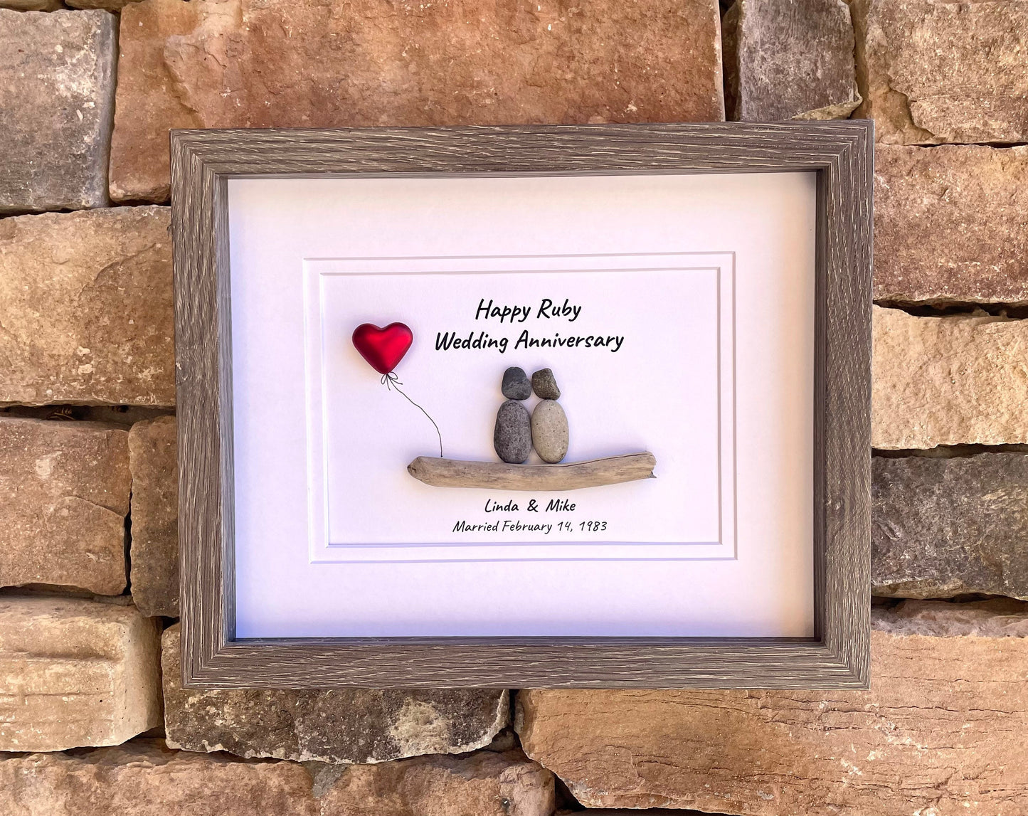 40th Wedding Anniversary Personalized Pebble Art, 8x10 Framed Handmade Ruby Anniversary Gift for Parents, Friends, Spouse