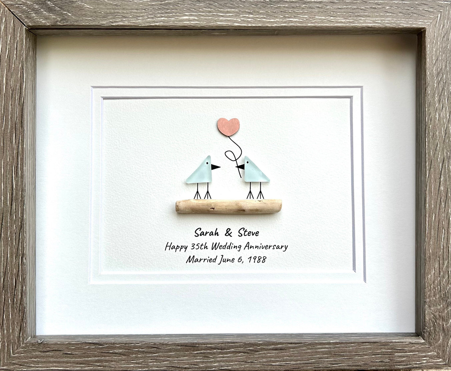 35th Wedding Anniversary Personalized Gift, Coral Anniversary Art, Anniversary Gift for Wife, Husband, Parents, Sea Glass Art