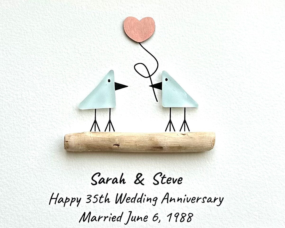 35th Wedding Anniversary Personalized Gift, Coral Anniversary Art, Anniversary Gift for Wife, Husband, Parents, Sea Glass Art