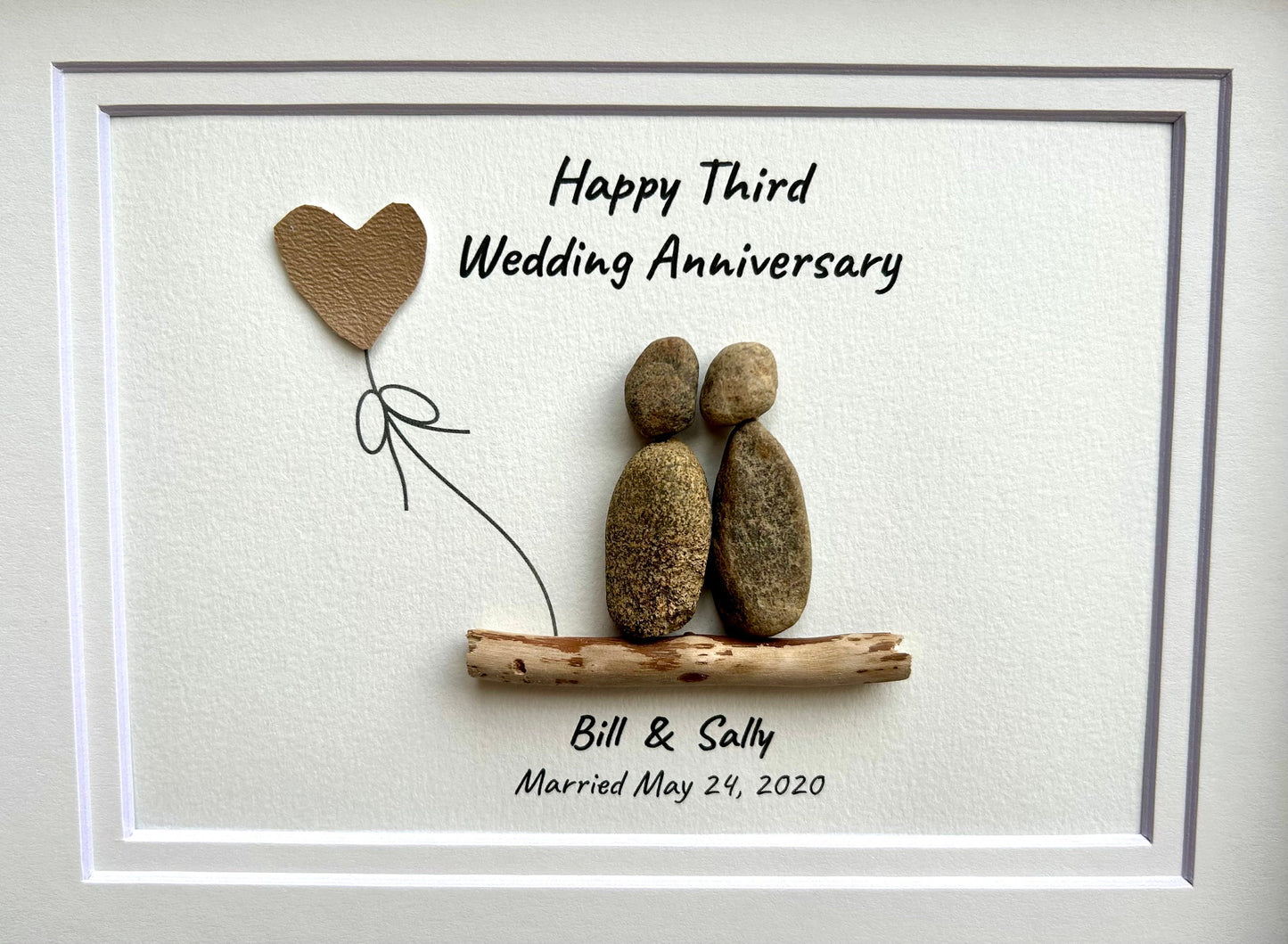 3rd Wedding Anniversary Personalized Pebble Art Gift, Leather 3 Year Anniversary Art, Third Anniversary Gift for Wife, Husband, Child