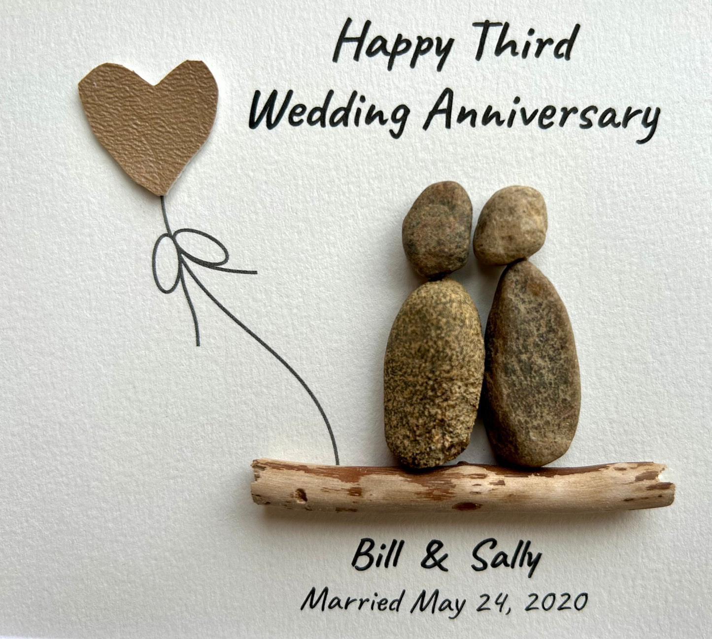 3rd Wedding Anniversary Personalized Pebble Art Gift, Leather 3 Year Anniversary Art, Third Anniversary Gift for Wife, Husband, Child