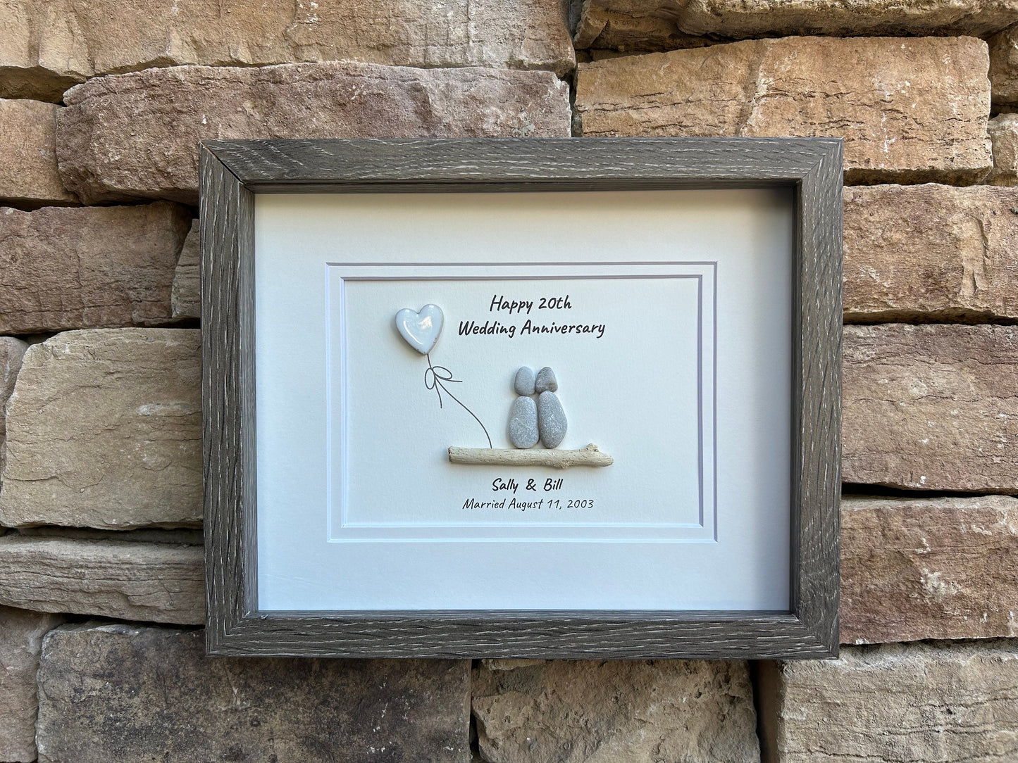 20th Wedding Anniversary Personalized Gift Featuring China Heart, 8x10" Framed Pebble Art Gift for Husband, Wife, Parents, Friends