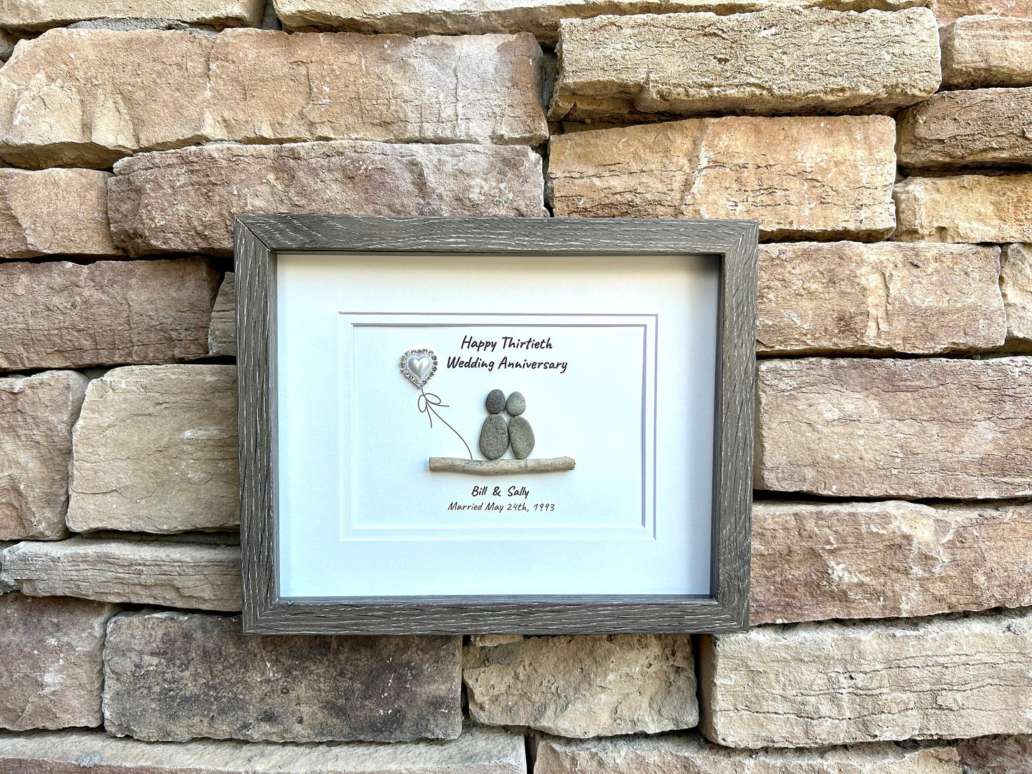 30th “Pearl” Wedding Anniversary Personalized Gift, 8 x 10” Framed Pebble Art, Anniversary Gift - Parents, Wife, Husband, Friends, Sea Glass