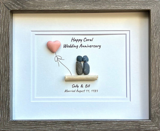 35th Coral Wedding Anniversary Personalized Gift, Custom Framed Anniversary Pebble Art, Anniversary Gift for Wife, Husband, Parents,