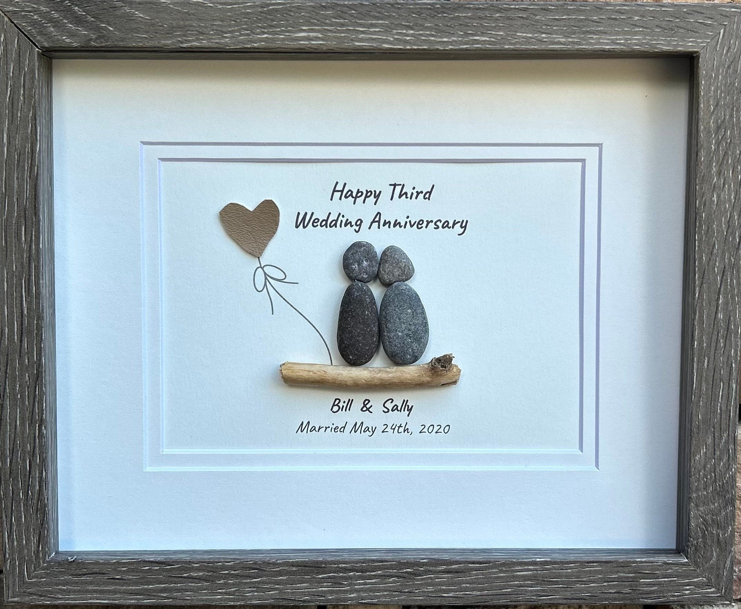 3rd Wedding Anniversary Personalized Pebble Art Gift, Leather 3 Year Anniversary Art, Third Anniversary Gift for Wife, Husband, Child