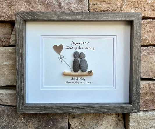 3rd Wedding Anniversary Personalized Pebble Art Gift, Leather 3 Year Anniversary Art, Third Anniversary Gift for Wife, Husband, Child