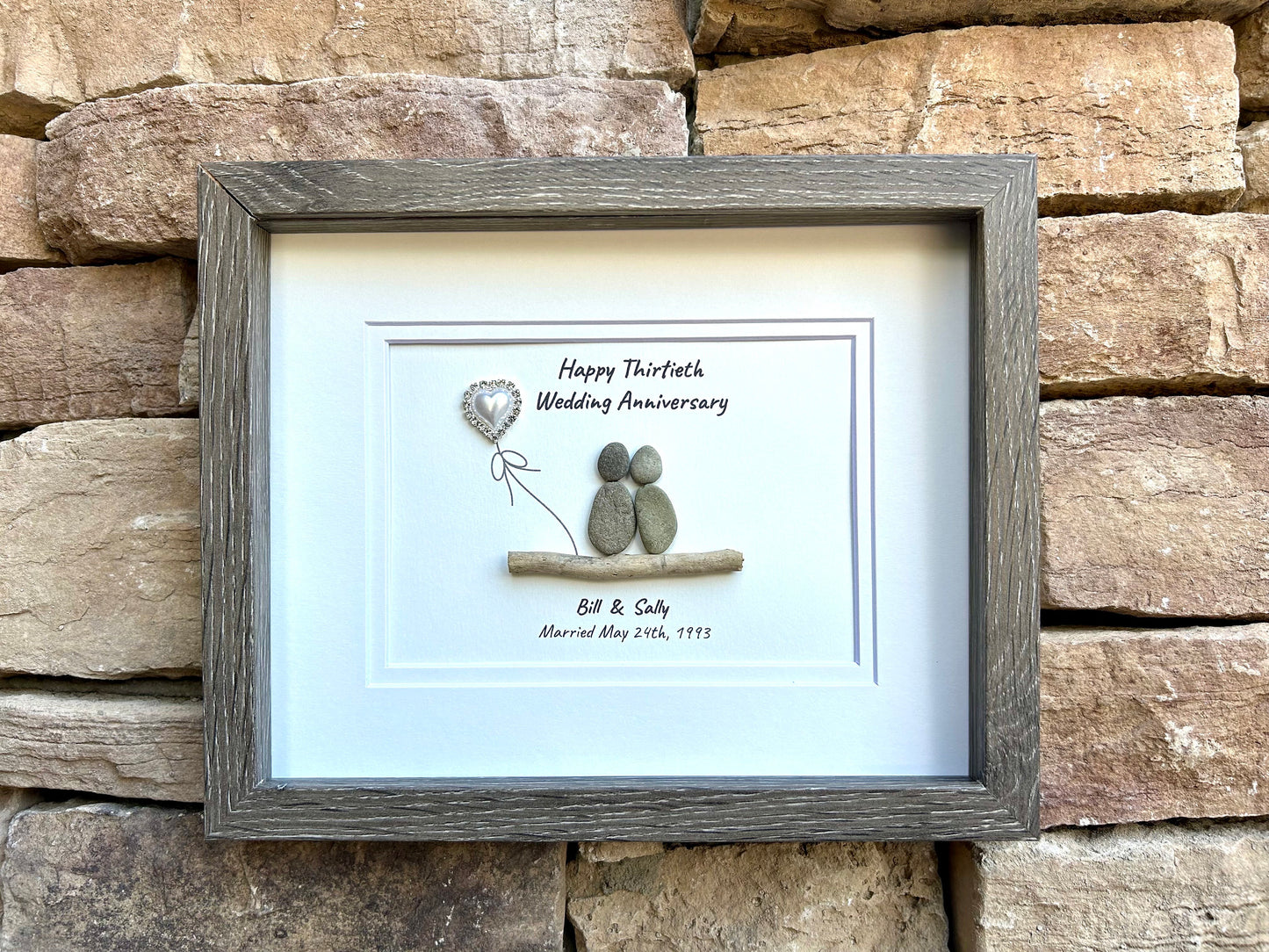 30th “Pearl” Wedding Anniversary Personalized Gift, 8 x 10” Framed Pebble Art, Anniversary Gift - Parents, Wife, Husband, Friends, Sea Glass