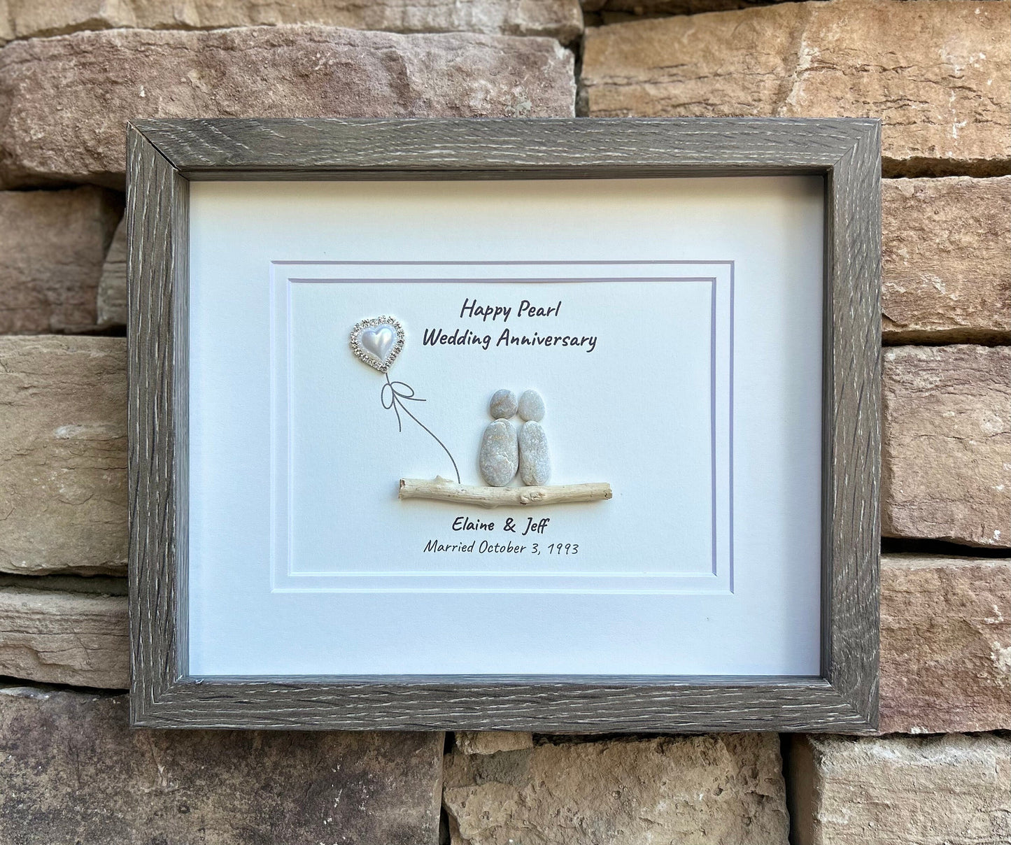 30th “Pearl” Wedding Anniversary Personalized Gift, 8 x 10” Framed Pebble Art, Anniversary Gift - Parents, Wife, Husband, Friends, Sea Glass